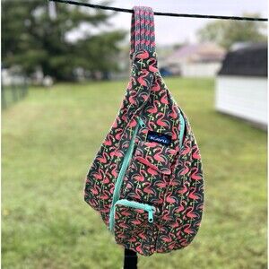 Kavu Rope Sling Bag Pink Flamingos Gray Aqua Crossbody Multi Pockets Adjustable